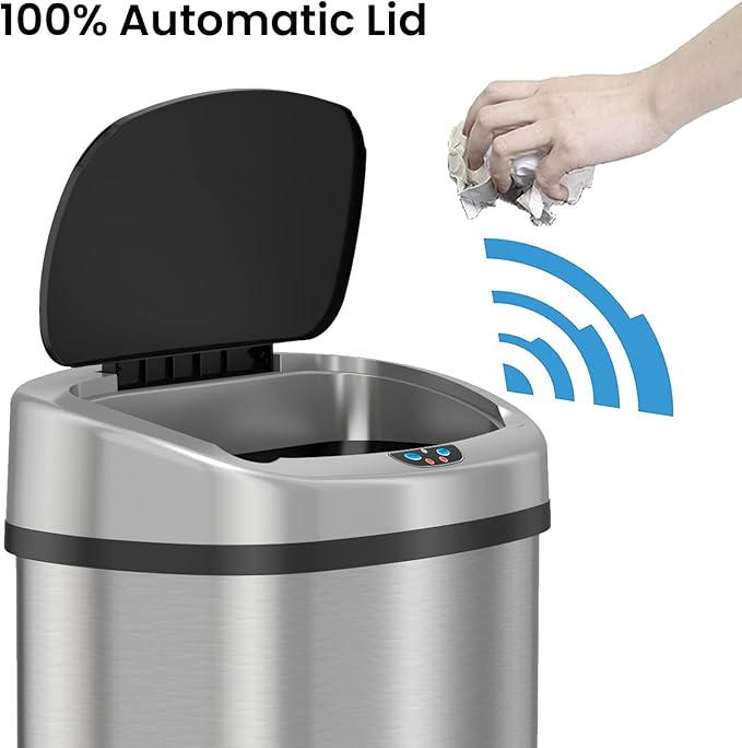 iTouchless Glide 13 Gallon Sensor Trash Can with Wheels and Odor Control System, Stainless Steel, Oval Shape Automatic Kitchen and Office Garbage Bin (Powered by Battery or Optional AC Adapter)