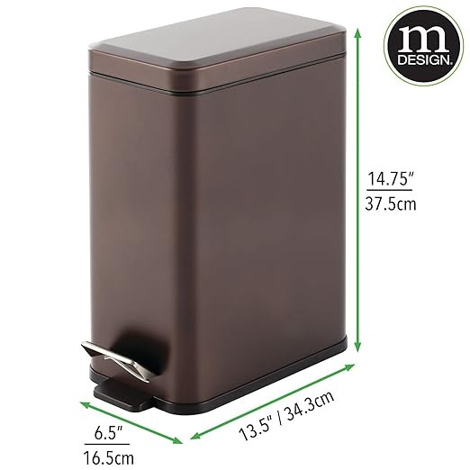 mDesign Pedal Bin — Waste Bin with Pedal, Lid and Plastic Bucket Insert for Bathroom, Kitchen, and Office — Metal Household Rubbish Bin with Ergonomic Design — Bronze