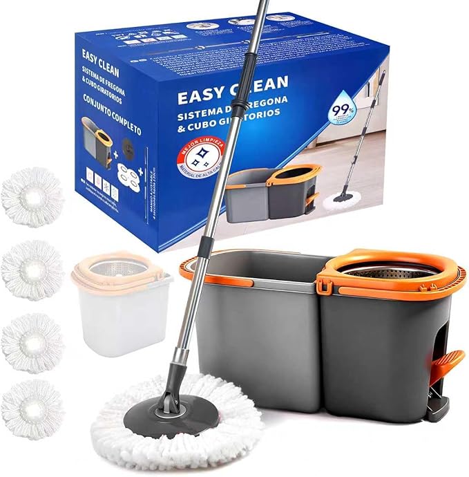 Spin Mop and Bucket Set,Detachable Double Buckets Separate Dirty Water with Stainless Steel Wringer for Floor Cleaning,Cleaning Buckets with 4 Mop Head Replacements for Household Use