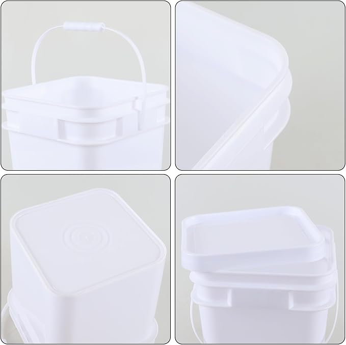 Versatile Square White Pails and Lids, Food Grade Storage Bucket, Plastic All Purpose Bucket Pail with Handle (3 Gallon, 4 Pack)