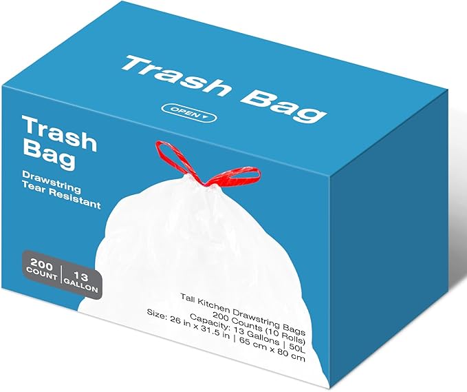 13.2 Gallon Tall Kitchen Drawstring Trash Bags, 200 Count Pre-separated Garbage Bags, Unscented, Leak Proof, Waste Bag for Kitchen, Office, Home
