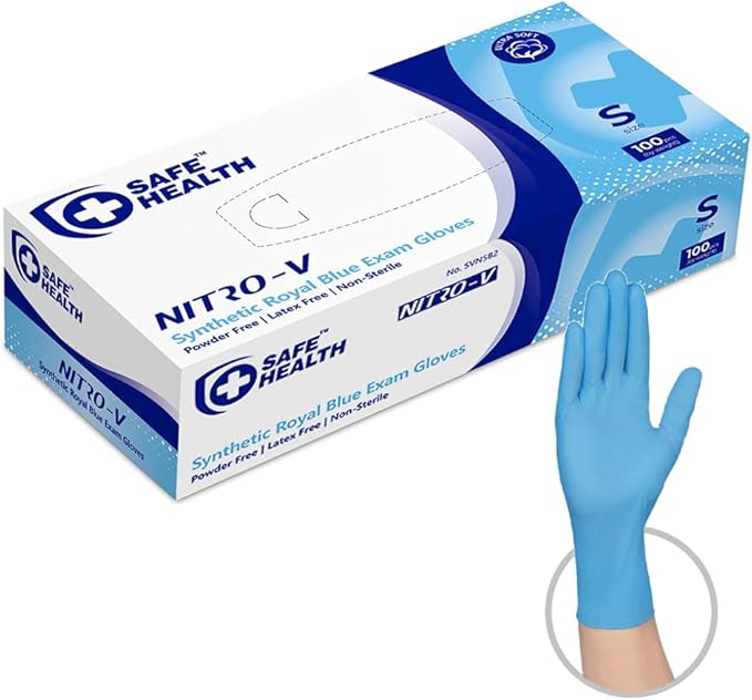 Safe Health NITRO-V Nitrile-Vinyl Synthetic Exam Disposable Gloves, Latex Free, Powder Free, Blue, Box of 100, Small, Medical Grade, Clinic, Nursing, Food, Hair Salon, Cleaning, Housework