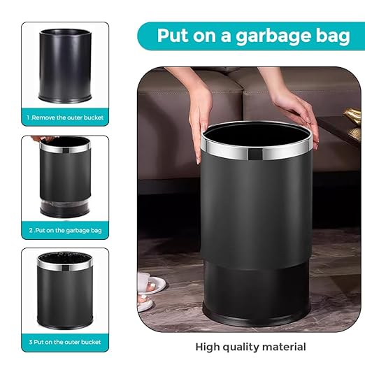 3.7 Gallon / 14L Black Bathroom Trash Can Metal,Double Walled Waste Paper Basket,Bathroom Garbage Can,Elegant,Modern Office Waste Basket,for Bedroom,Kitchen,Hotel,Cafe,Business(14L Black)