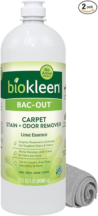 Biokleen Bac-Out Natural Stain Remover for Clothes - Use on Laundry, Diapers, Wine, Carpets, and More, Enzymatic, Plant-Based, 32 Oz With Micro-Fiber Cleaning Towel Included