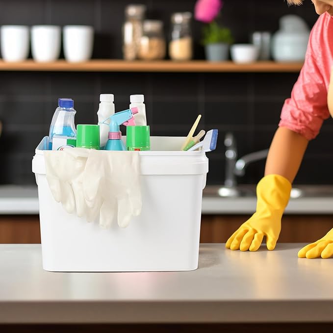 Readsky 5.2 Gallon Plastic White Rectangular Food Bucket with Lid, Small Rectangular Plastic Storge Bucket with Handle, 4 Packs