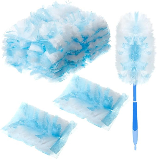 Vesici 50 Pcs Duster Refills Compatible with Swiffer Dusters Bulk Disposable Replacement Thickened with 1 Handle Heavy Duty for Cleaning, Office (Blue)