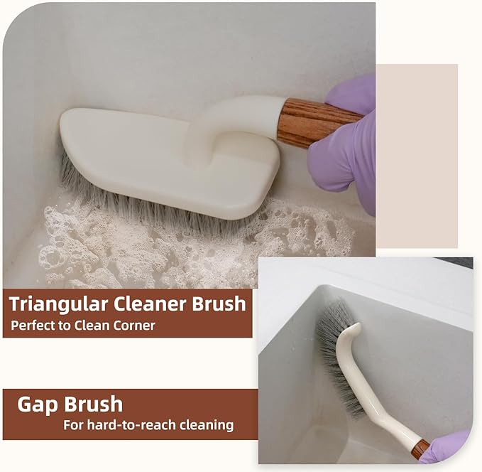 4-Pack Heavy Duty Scrub Brushes Set with Wooden Handles, Triangle & Square Floor Scrubber, Dish Brush, Grout Cleaner for Kitchen, Bathroom, Tile, Carpet & Stubborn Stains Removal