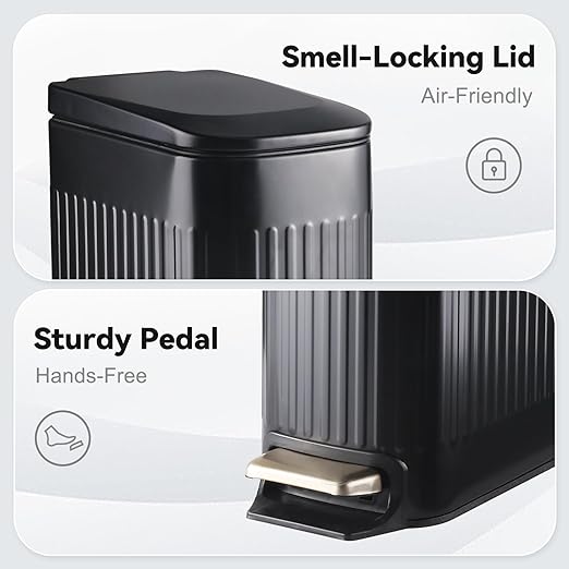 Slim Bathroom Trash Can with Lid Soft Close, Stainless Steel Garbage Can Step Trash Bin with Removable Inner Bucket for Bedroom, Office, Kitchen (Matt Black, 1.8 Gallons)