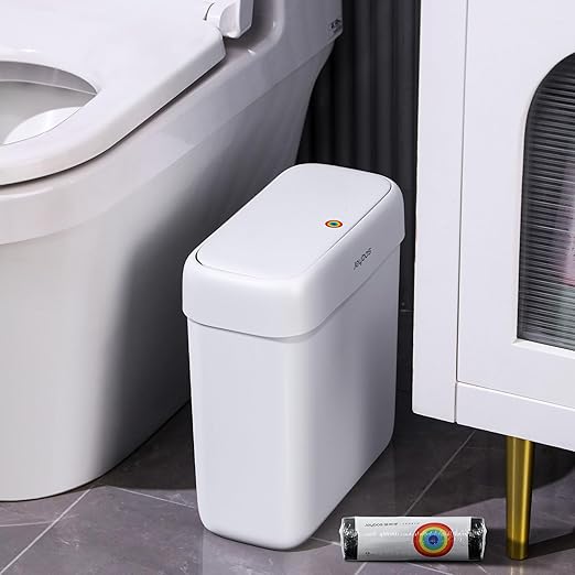 JOYBOS Bathroom Trash Can with Lid,3 Gallon Small Garbage Can with Press Top Lid,10L Dogproof Slim Plastic Narrow Trash Bin for Toilet, Office, Bedroom, Living Room, Grey