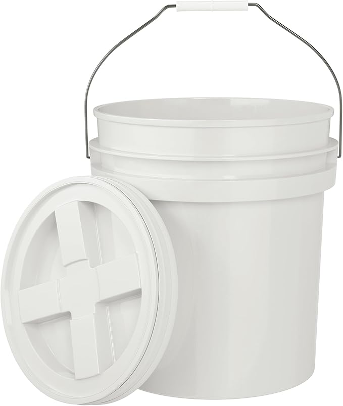 5-Gallon White Bucket Pail with Gamma Seal Screw on Airtight Lid, Heavy-Duty 90MIL Extra Durable, Food Grade, Metal Handles with Plastic Grip for Easy Carrying, Easy Stack & Store, BPA Free - 1 Pack