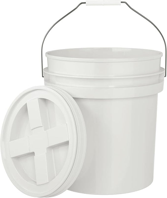 5-Gallon White Bucket Pail with Gamma Seal Screw on Airtight Lid, Heavy-Duty 90MIL Extra Durable, Food Grade, Metal Handles with Plastic Grip for Easy Carrying, Easy Stack & Store, BPA Free - 1 Pack