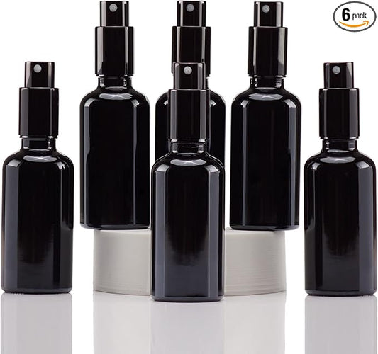 YIZHAO Black Glass Spray Bottles 2oz, with Small Fine Mist Spray, Metal Cap, Refillable for Essential Oil,Travel,Cleaning,Perfume,Aromatherapy,Makeup – 6 Pcs