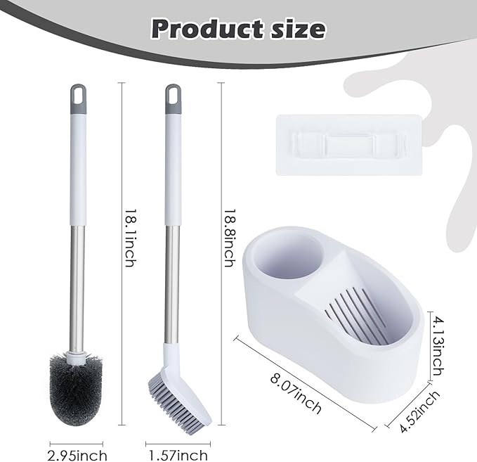 Toilet Brush and Holder Set, 1 Toilet Bowl Brush and 1 Scrub Brush, with Detachable Extra Long Handle,Durable Nylon Bristles,Toilet Scrubber Brush for Bathroom RV Cleaning
