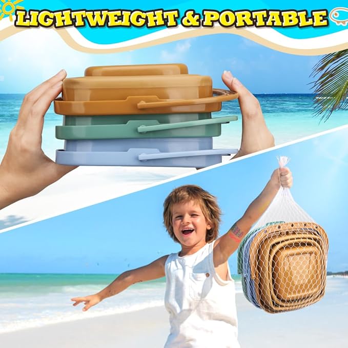 Dilabnba 3-Pack Collapsible Beach Buckets with Mesh Bag, Silicone Sand Water Pails for Kids, Easter Buckets, Portable Beach Toys for Travel, Camping, Fishing, Summer Fun