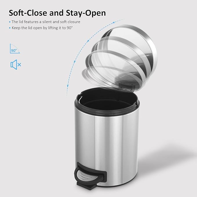 Trash Can with Lid 2PC - 5Liter/1.3 Gallon Stainless Steel Trash Can with Odor Protection Kitchen Garbage cans with Soft-Close Foot Pedal for Bathroom Home Office(2pc)