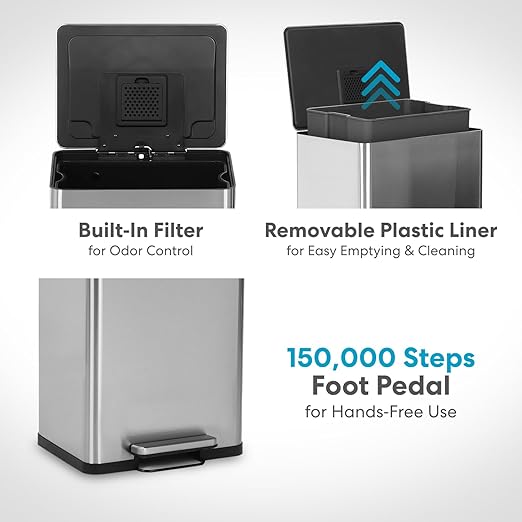 SIMPLI-MAGIC 50 Liter / 13.2 Gallon Soft-Close, Smudge Resistant Trash Can with Foot Pedal and Built in Filter- Stainless Steel, Sleek Finish