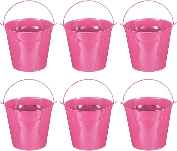 PATIKIL 7"x6.2" Small Metal Buckets with Handle, 6 Pcs Mini Galvanized Bucket Colorful Easter Buckets for Crafts Party Favors Decoration, Rose Red