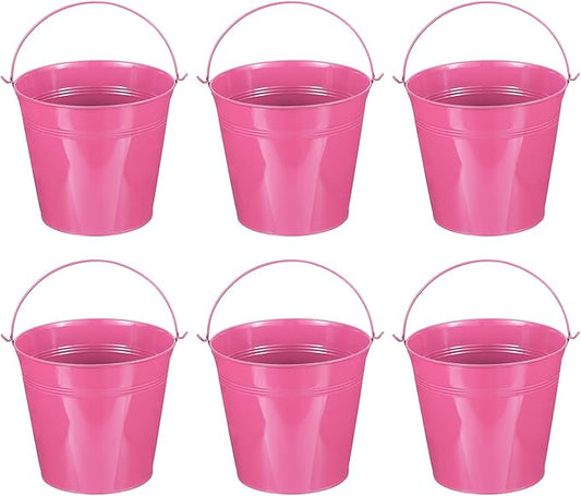 PATIKIL 7"x6.2" Small Metal Buckets with Handle, 6 Pcs Mini Galvanized Bucket Colorful Easter Buckets for Crafts Party Favors Decoration, Rose Red