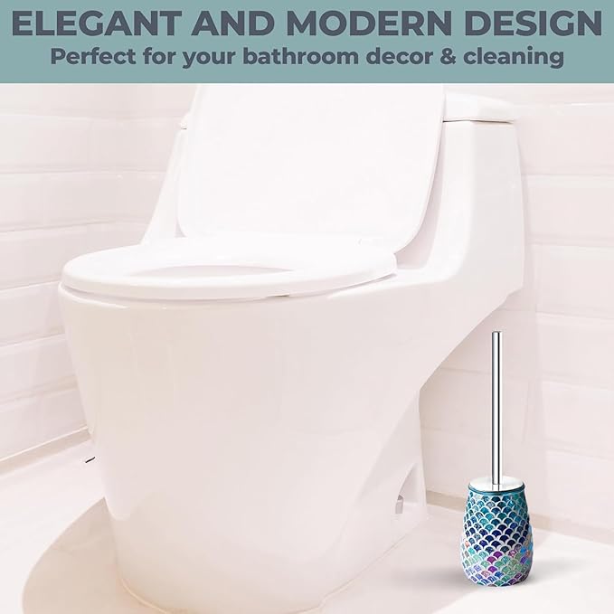 Escenzy Mermaid Bathroom Toilet Brush and Holder Set Mosaic Glass | Non-Rustic Stainless Steel | Practical & Decorative Toilet Bowl Brush and Holder | Luxury Mermaid Bathroom Decor