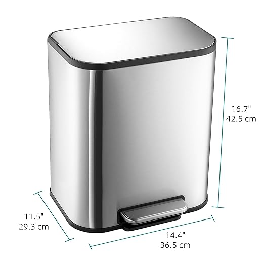 GlowSol Small Trash Can with Lid, 5.3 Gallon Stainless Steel Garbage Can, Rectangular Step on Waste Bin with Foot Pedal & Inner Bucket, Quiet Close, for Kitchen Bathroom Bedroom Living Room Office