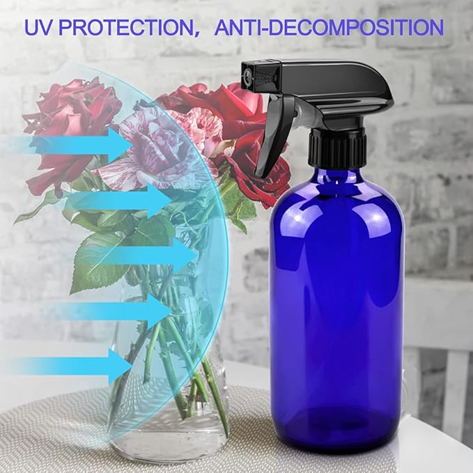 Glass Spray Bottles, 16oz*2+4oz*2+2oz*4 Refillable Containers, Empty Boston Round Bottles with Adjustable Nozzle for Cleaning, Gardening, Aromatherapy, Pets, Plant, Hair - Blue