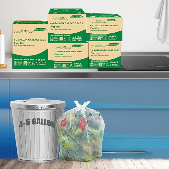4-6 Gallon Flap Tie Compostable Trash Bags, 76 Count, Kitchen Compost Bags, Sturdy Biodegradable Garbage for Food Scrap Waste, ASTM D6400, US BPI Certified