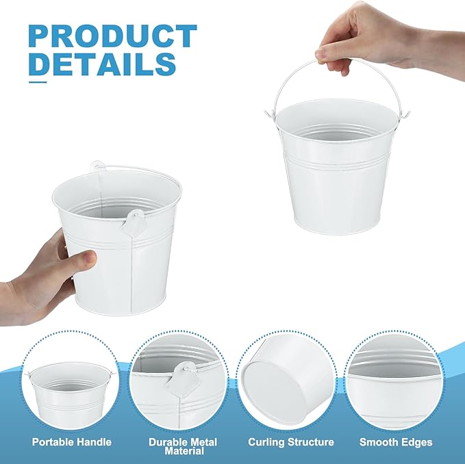 PATIKIL 5.1"x4.7" Small Metal Buckets with Handle, 12 Pcs Mini Galvanized Bucket Colorful Easter Buckets for Crafts Party Favors Decoration, White