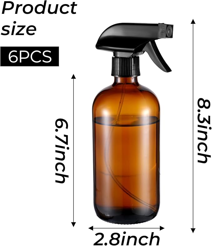 6 Pack Amber Glass Spray Bottles, Refillable 16 oz Empty Bottle with Durable Adjustable Nozzles for Cleaning Solution, Spray Bottles for Hair, Plants, Cleaner, Essential Oil