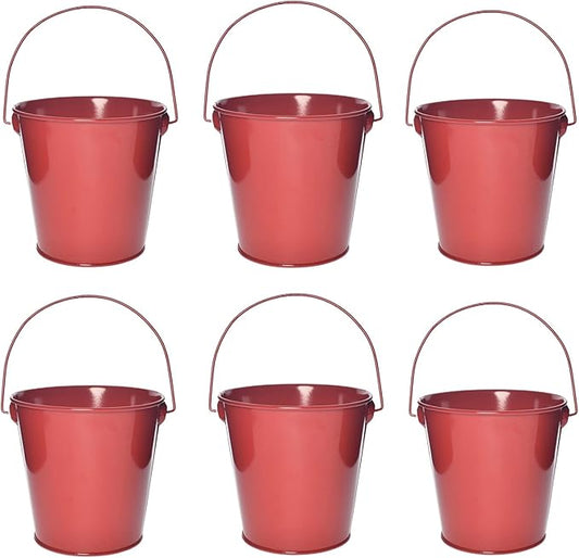 Small Metal Buckets with Handle, 6 Pack 4.3 Inch Colored Galvanized Bucket for Kids,Classroom,Crafts,and Party Favors (Red, 4.3" Top)