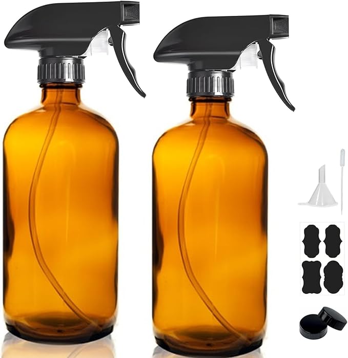 16oz Amber Glass Spray Bottles,2-Pack Refillable Empty Spray Bottl for Cleaning, Hair Care, Plants - Adjustable Nozzl