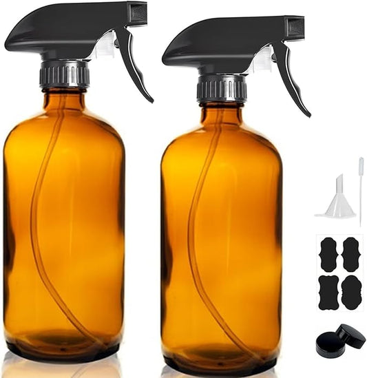 16oz Amber Glass Spray Bottles,2-Pack Refillable Empty Spray Bottl for Cleaning, Hair Care, Plants - Adjustable Nozzl