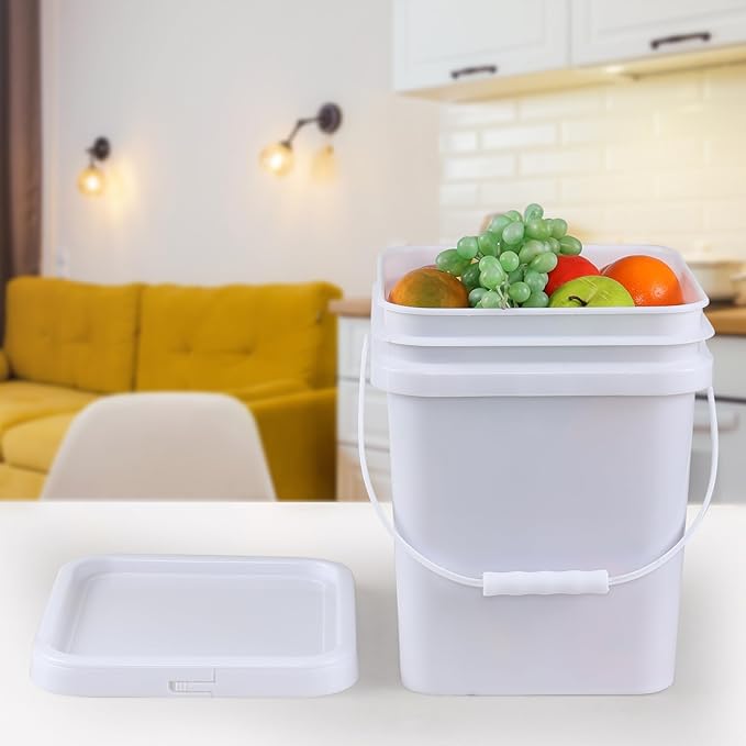 4 Packs Square Food Buckets with Lid, 5 Gallon Plastic Lidded Storage Bucket, Utility Pail, White