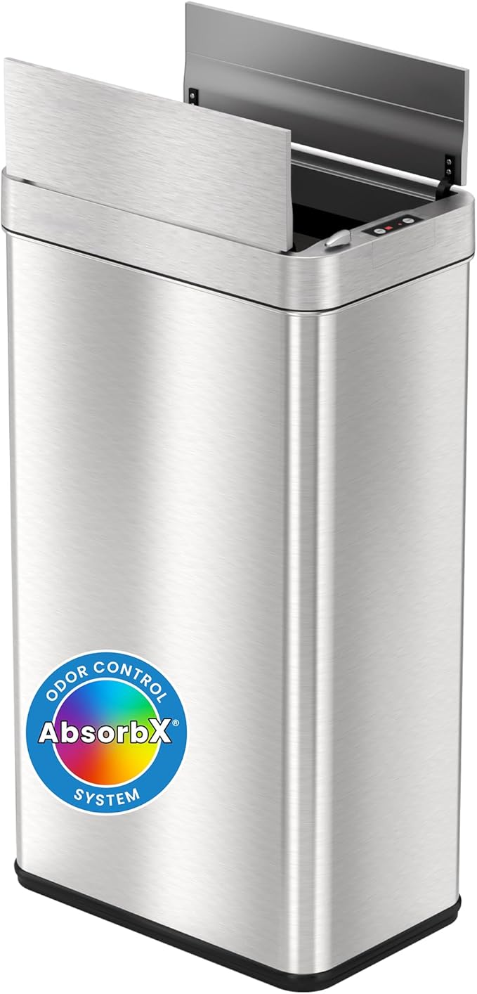 iTouchless 18 Gallon Wings Open Kitchen Trash Can with Lid and Odor Filter, Dog Proof Lid Lock 68 Liter Slim Stainless Steel Garbage Bin Home Office Bedroom Living Room Large Capacity Wastebasket