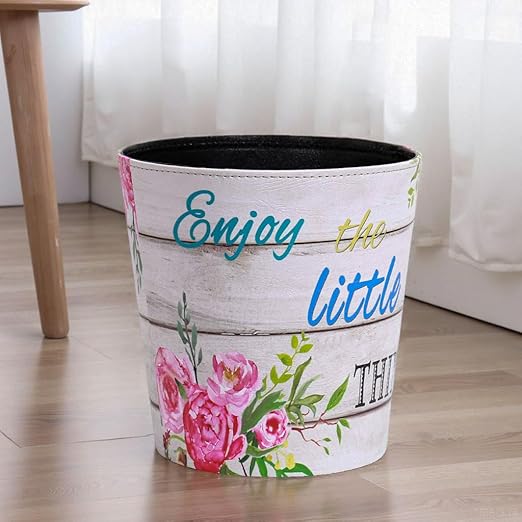 PU Leather Small Trash Can Wastebasket, Round Garbage Container Basket for Bathrooms, Laundry Room, Kitchens, Offices, Kids Rooms, Bedrooms,Dorms,Home Decorative Art Bin, 2.9 Gallon(Floral)