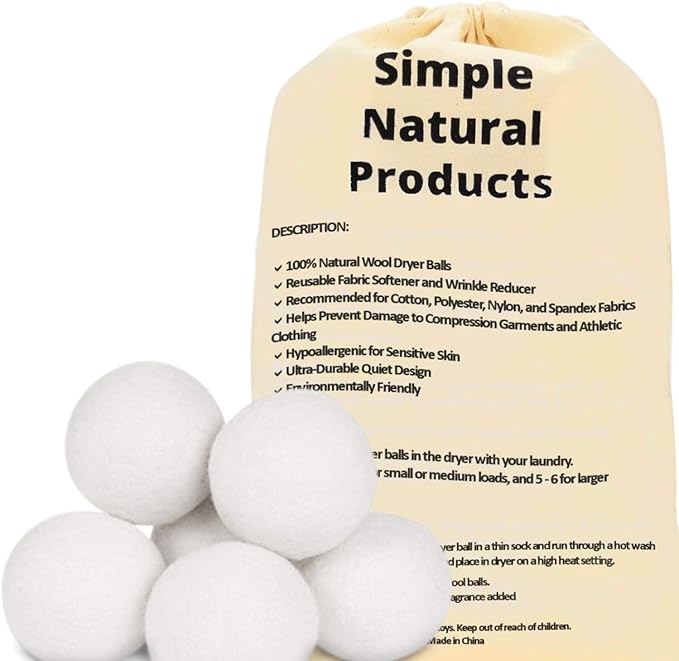 Simple Natural Products Wool Dryer Balls - Fabric Softener and Dryer Sheets for Laundry Supplies – Reusable Wrinkle and Static Guard Wool Balls – Unscented for Sensitive Skin (6 XL Pack)