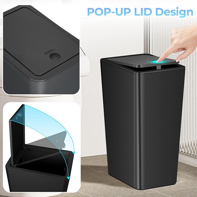 4 Gallon Bathroom Small Trash Can with Lid, 15L Slim Garbage Bin Wastebasket with Pop-Up Lid for Bedroom, Office, Kitchen, Dorm, Fits Under Desk