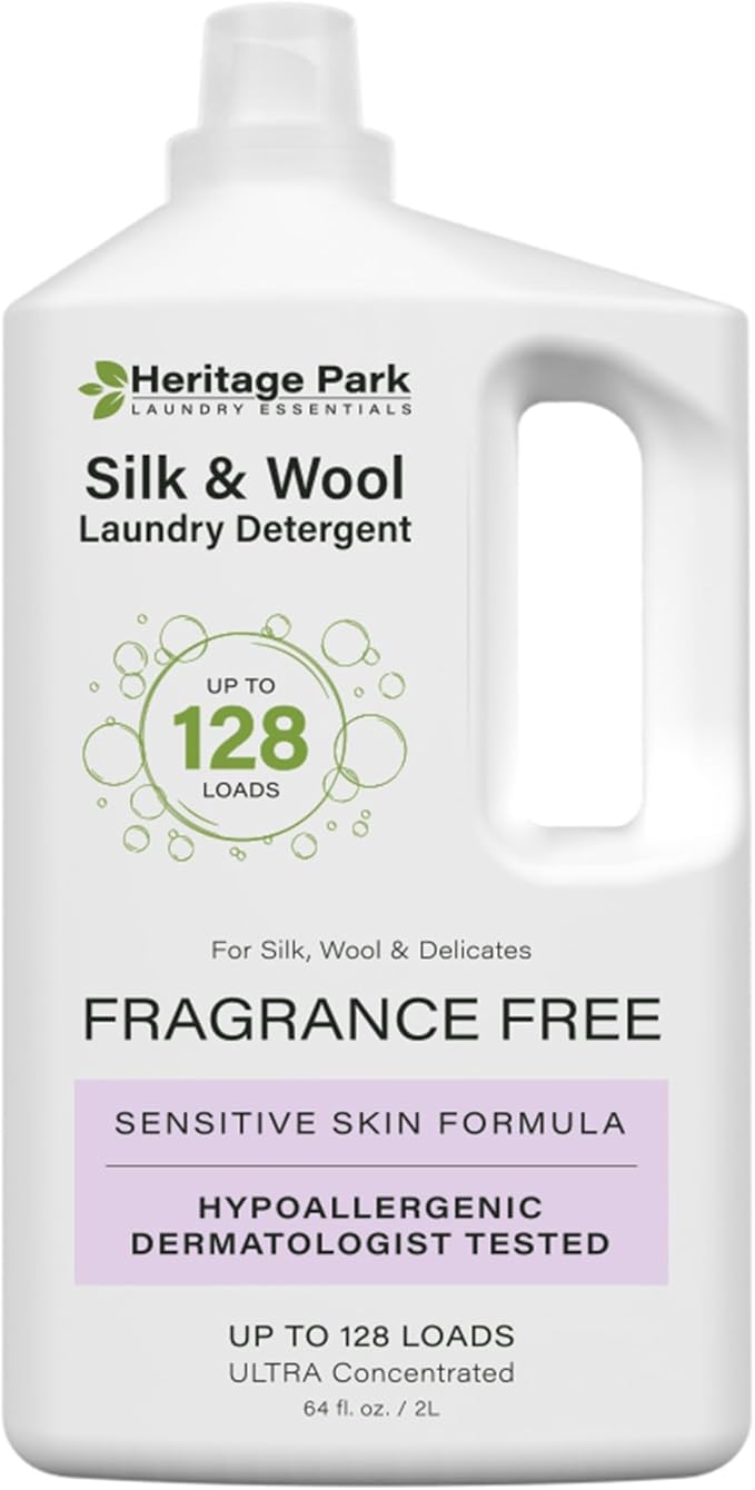 Heritage Park Silk & Wool Fragrance Free, Hypoallergenic, pH-Neutral Laundry Detergent - Dermatologist-tested, Sensitive Skin-Friendly, Enzyme-Free, Concentrated Up to 128 loads (64 fl oz)