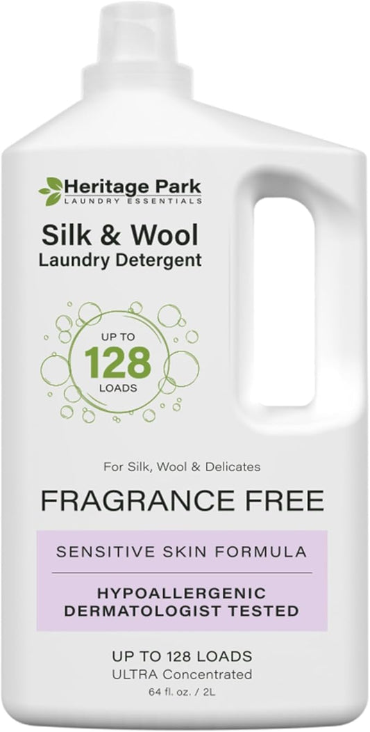 Heritage Park Silk & Wool Fragrance Free, Hypoallergenic, pH-Neutral Laundry Detergent - Dermatologist-tested, Sensitive Skin-Friendly, Enzyme-Free, Concentrated Up to 128 loads (64 fl oz)