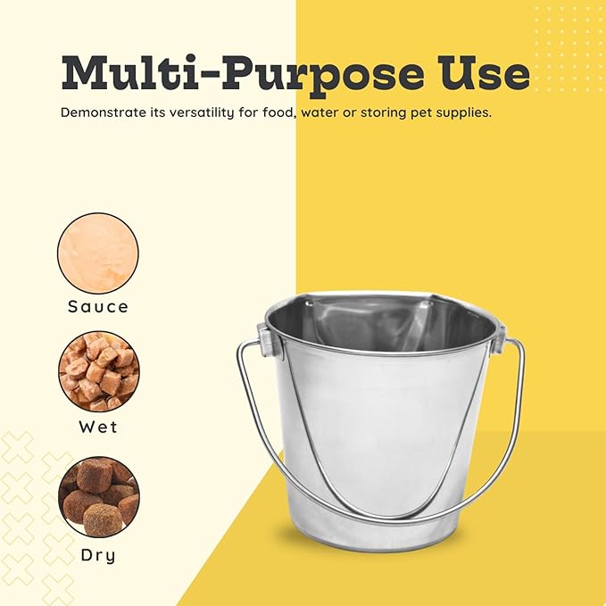 1 Quart Stainless Steel Flat Side Bucket | Durable Heavy Duty Food & Water Feeding Pails for Small Pet Dog Birds Cat | Fits kennels Cages Critter Crates Hanging Pail | Multipurpose Bucket