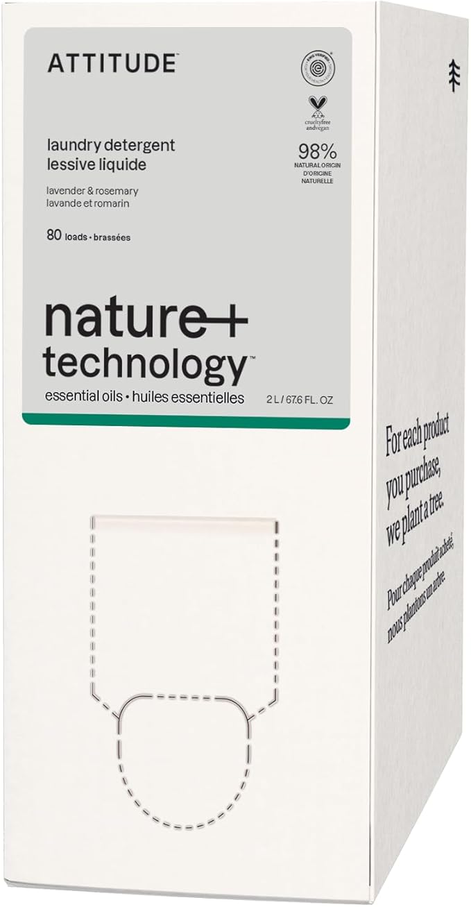 ATTITUDE Laundry Detergent with Essential Oils, EWG Verified, Vegan, Plant and Mineral-Based Ingredients, HE, Bulk Refill, 80 Loads, Lavender and Rosemary, 67.6 Fl Oz
