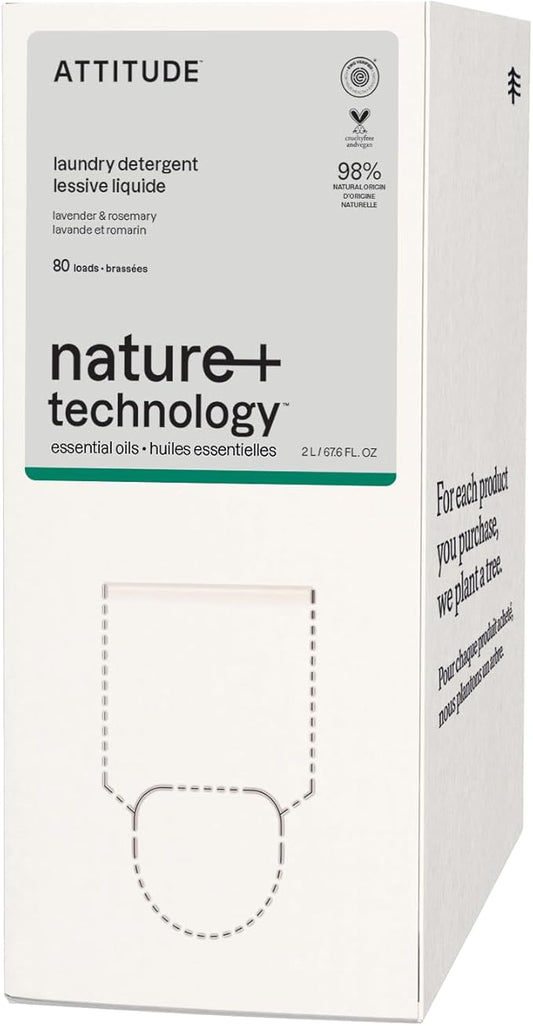 ATTITUDE Laundry Detergent with Essential Oils, EWG Verified, Vegan, Plant and Mineral-Based Ingredients, HE, Bulk Refill, 80 Loads, Lavender and Rosemary, 67.6 Fl Oz