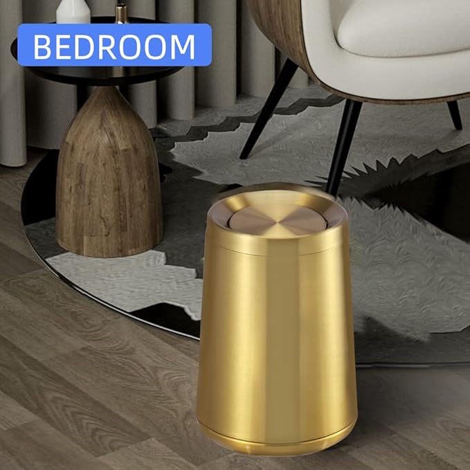 Household Swing Gold Bathroom Trash Can，Brushed Stainless Steel，10 L/3 Gallen，Garbage Can with Flipping Lid， for Indoor or Commercial Use, Kitchen,Modern，Living Room,Bedroom