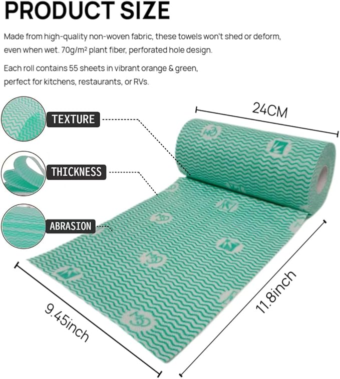 Lazy Cleaning Cloths, Multipurpose Kitchen Towels, Reusable Dish Rags, Dry/Wet Use for Dishware, Countertops, Stove, Camping, RVs, (9.45"*11.81") 55 Tearable Sheets/Roll (Green)