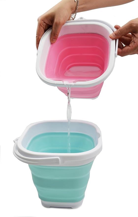SAMMART 2.6L (0.68 Gallon) Super Mini Sqare Collapsible Plastic Bucket - Foldable Square Tub - Portable Fishing Water Pail - Space Saving Outdoor Waterpot (1, White/Pink)