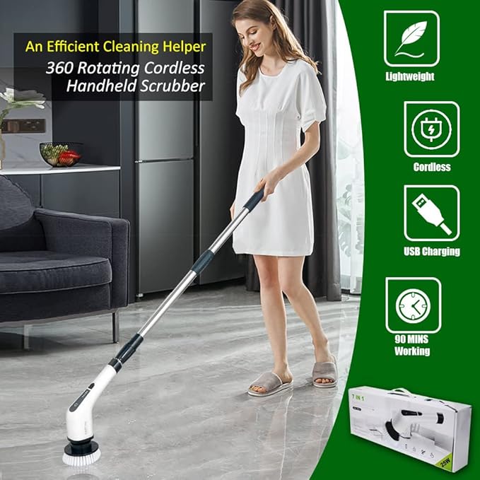 Electric Spin Scrubber, FARI Cordless Cleaning Brush with 7 Replaceable Brush Heads, Tub and Floor Tile 360 Power Scrubber Mop with Adjustable Handle for Bathroom Kitchen Car (White)