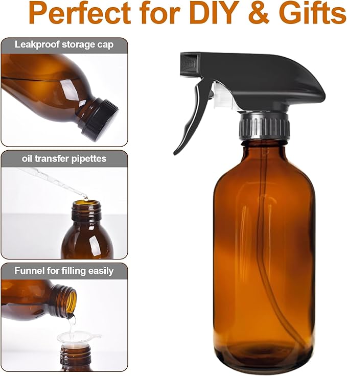 8oz Amber Glass Spray Bottles - 2 Pack Empty Refillable Bottles for Cleaning, Hair Care, Essential Oils, Plants - Includes Durable Nozzle, Labels, Funnel & Dropper, Handheld Size
