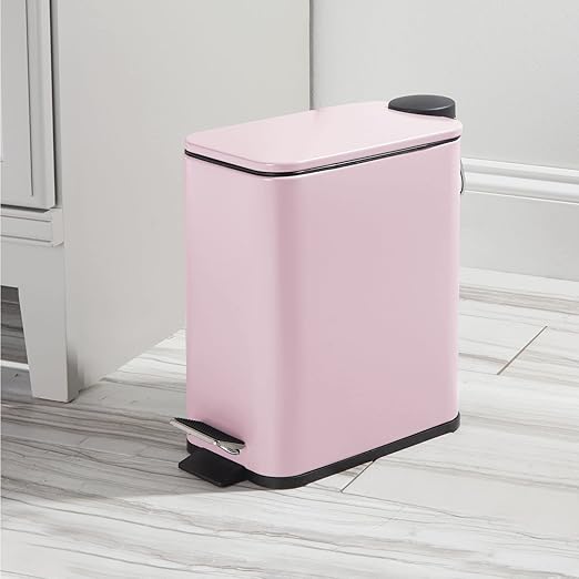mDesign Slim Metal Rectangle 1.3 Gallon Trash Can with Step Pedal, Easy-Close Lid, Removable Liner - Narrow Wastebasket Garbage Container Bin for Bathroom, Bedroom, Kitchen, Office - Matte Blush Pink