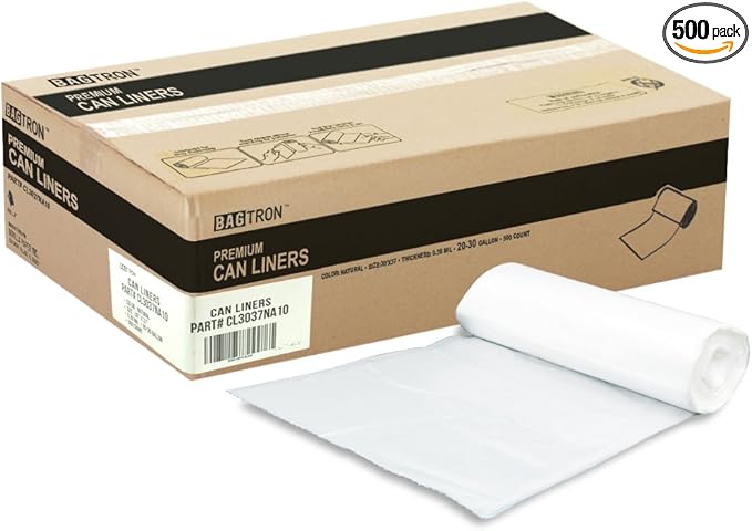 20-30 Gallon Trash Bags, 10 Micron High Density Garbage Can Liners Bulk, 30" x 37", Natural Clear, 500 Count
