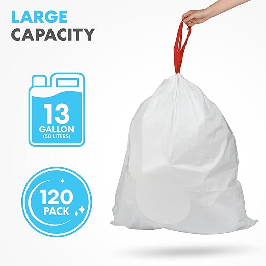 SIMPLI-MAGIC 13 Gallon Drawstring Trash Bags, 120 Pack – Tall Kitchen Garbage Bags, Custom Made with Premium Materials (White)