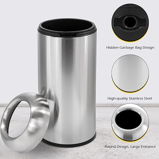 Dyna-Living Large Trash Can Outdoor Stainless Steel Garbage Can with Lid Open Top Tall Trash Bin Commercial Big Kitchen Garbage Bin Industrial Waste Container (Silver)